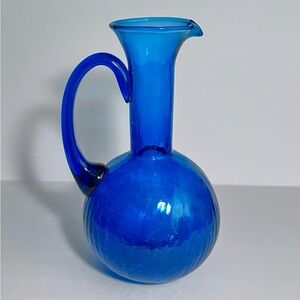 BLENKO-STYLE Hand Blown COBALT CRACKLE GLASS 8.5 Inch Pitcher / SUPERB CONDITION